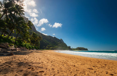 Scenic view tunnels beach makua beach on the hawaiian island of kauai, usa against sky