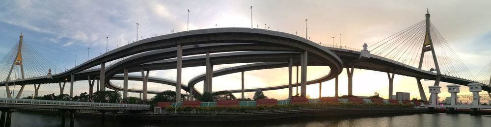 Bridge over river against sky in city