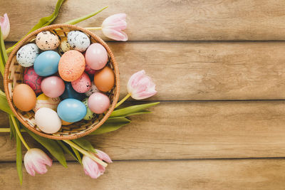 Directly above shot of easter eggs on table