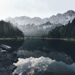 Scenic view of lake and mountains against sky