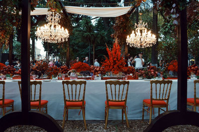 Empty chairs and tables in cafe