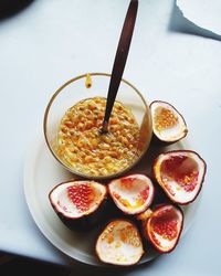 High angle view of breakfast on table