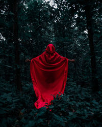 Rear view of person wearing red cape standing amidst plants and trees in forest