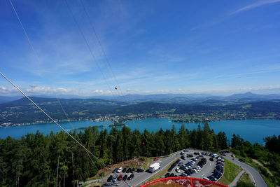 High angle view of lake against cloudy sky