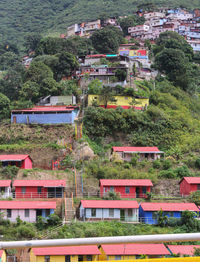 High angle view of buildings in town