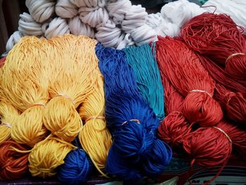 High angle view of wooden yarn for sale in shop