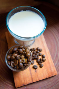 High angle view of coffee beans on table