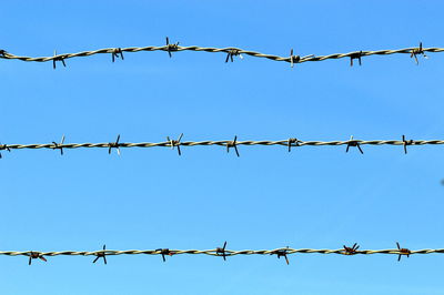 Low angle view of barbed wire against clear sky