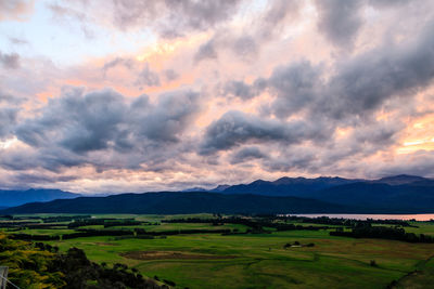 Scenic view of field against cloudy sky