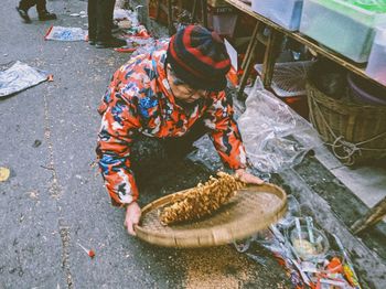 High angle view of man working in water