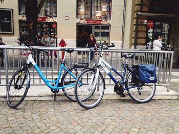 Bicycles on sidewalk in city