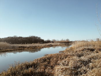 Scenic view of lake against clear sky