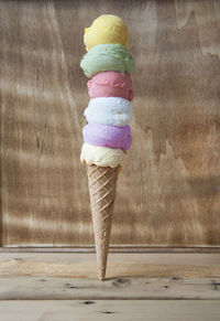 Close-up of ice cream cone on wood