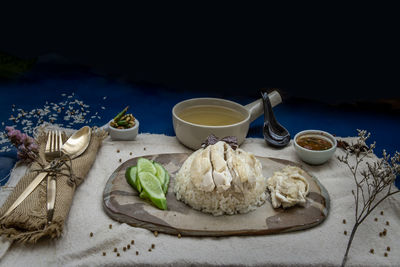 High angle view of breakfast served on table