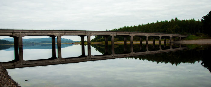 Bridge over calm lake against sky