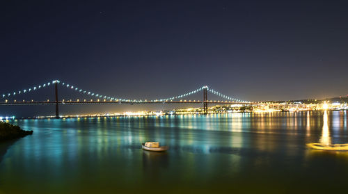 Illuminated bridge over river against sky at night