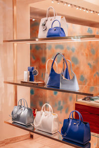 White blue leather women's handbags with gold clasp. fashion details and accessories