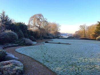 Scenic view of calm sea against clear sky