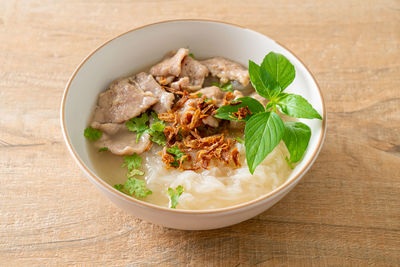 High angle view of food in bowl on table