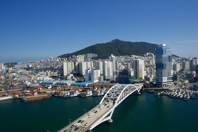 Panoramic view of sea and city buildings against clear sky