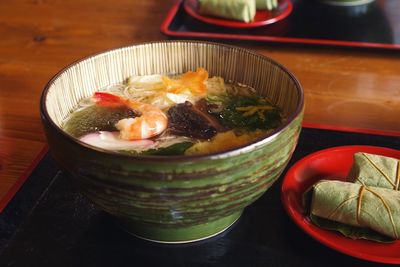 High angle view of soup in bowl on table