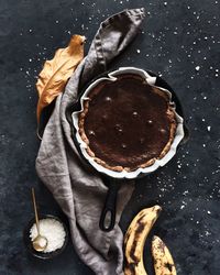 High angle view of chocolate cake on table