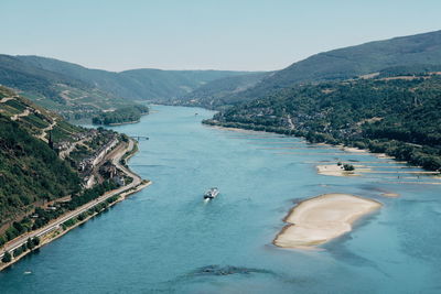 High angle view of bay against sky