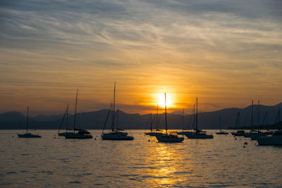 Sailboats moored in marina at sunset