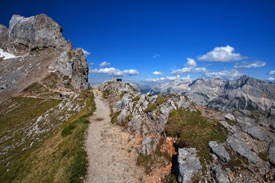 Scenic view of mountain against blue sky