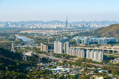 High angle view of shen zhen from hong kong of urban city and nature