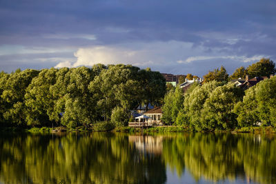 Scenic view of lake by trees against sky
