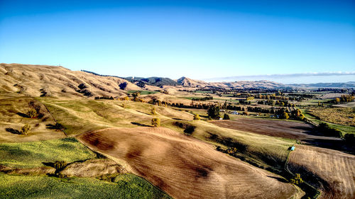 Scenic view of landscape against clear blue sky