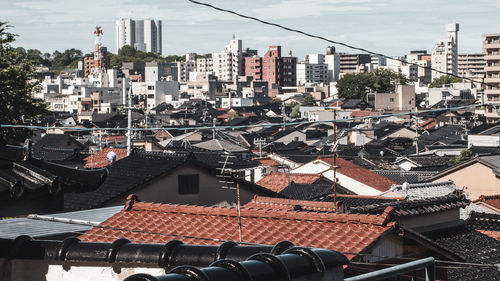 High angle view of buildings in city