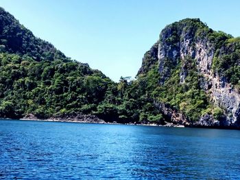 Scenic view of sea with mountains in background