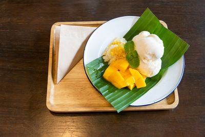 High angle view of food in plate on table