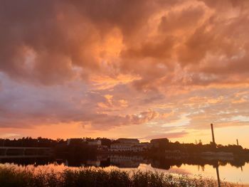 Scenic view of river against orange sky