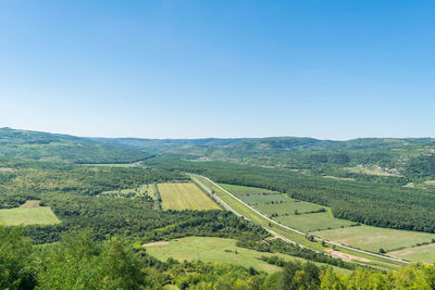 Scenic view of agricultural field against clear sky