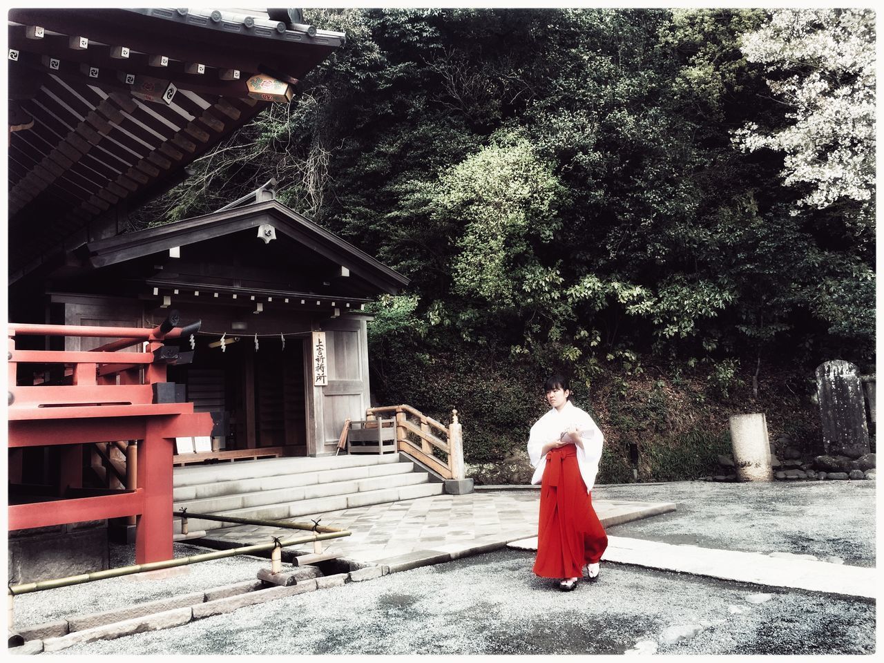 building exterior, built structure, transfer print, architecture, auto post production filter, red, entrance, steps, tree, outdoors, sidewalk, house, footpath, day, door, religion, full length, street, bench, spirituality