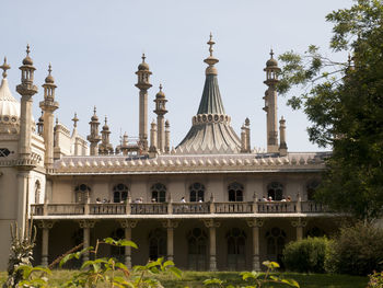 Exterior of historic temple against clear sky