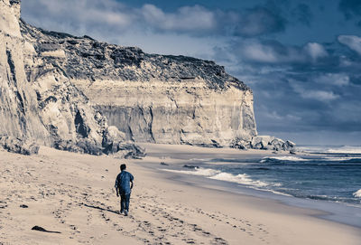 Rear view of man on beach against sky