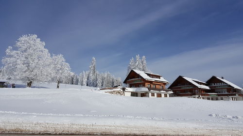 Houses on snow covered landscape against sky