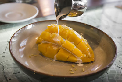 High angle view of breakfast in plate on table