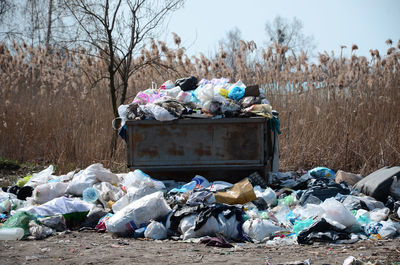 Garbage dumped on field against plants