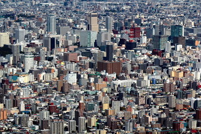 High angle view of modern buildings in city