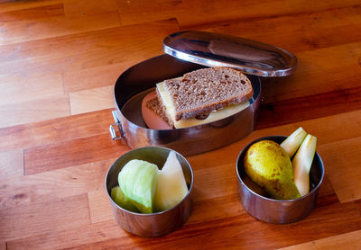 High angle view of breakfast on table