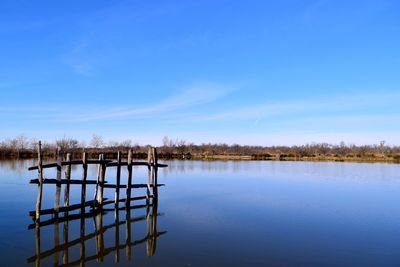 Scenic view of lake against blue sky