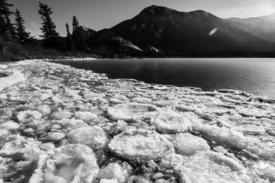 Scenic view of lake and mountains against sky