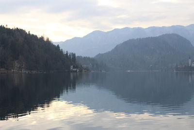 Scenic view of lake and mountains against sky