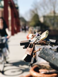 Close-up of padlocks on bicycle