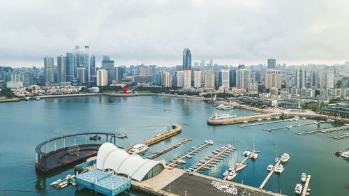 High angle view of boats in harbor